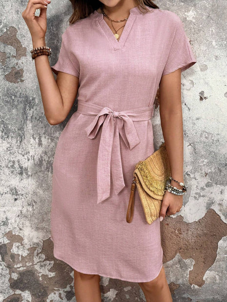 Mid-length V-neck Short Sleeve Bow Belt Dress