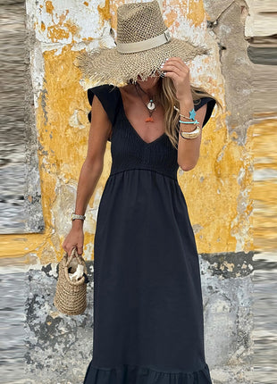 Pleated V-neck Short Sleeve Dress