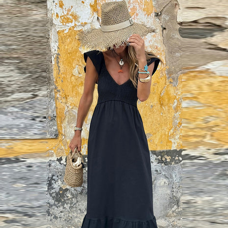 Pleated V-neck Short Sleeve Dress