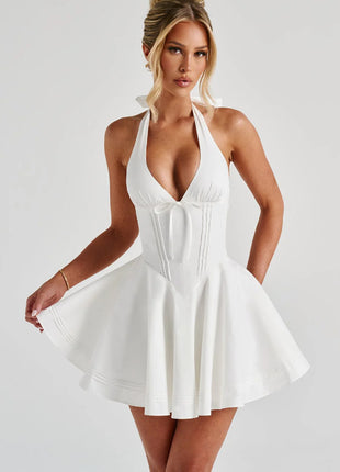 Deep V-neck Sleeveless Halter Bow Cinched Short Dress