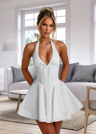 Deep V-neck Sleeveless Halter Bow Cinched Short Dress