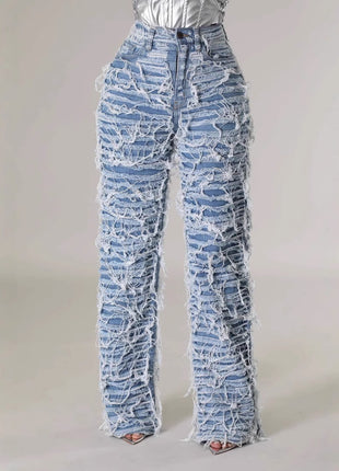 High Waist Edging Ripped Tassel Loose Denim Straight-leg Jeans