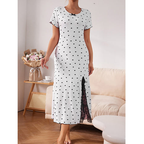 Round Neck Short Sleeve Love Slit Mid-Length Homeware