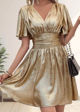 Deep V-neck Ruffle Smocking Dress