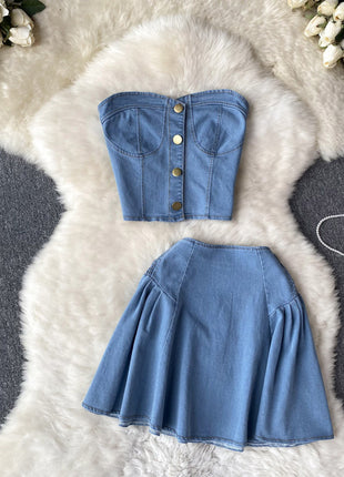 Denim Tube Top High Waist A- Line Skirt Two-piece Set