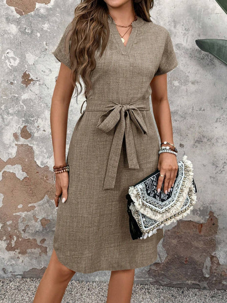 Mid-length V-neck Short Sleeve Bow Belt Dress