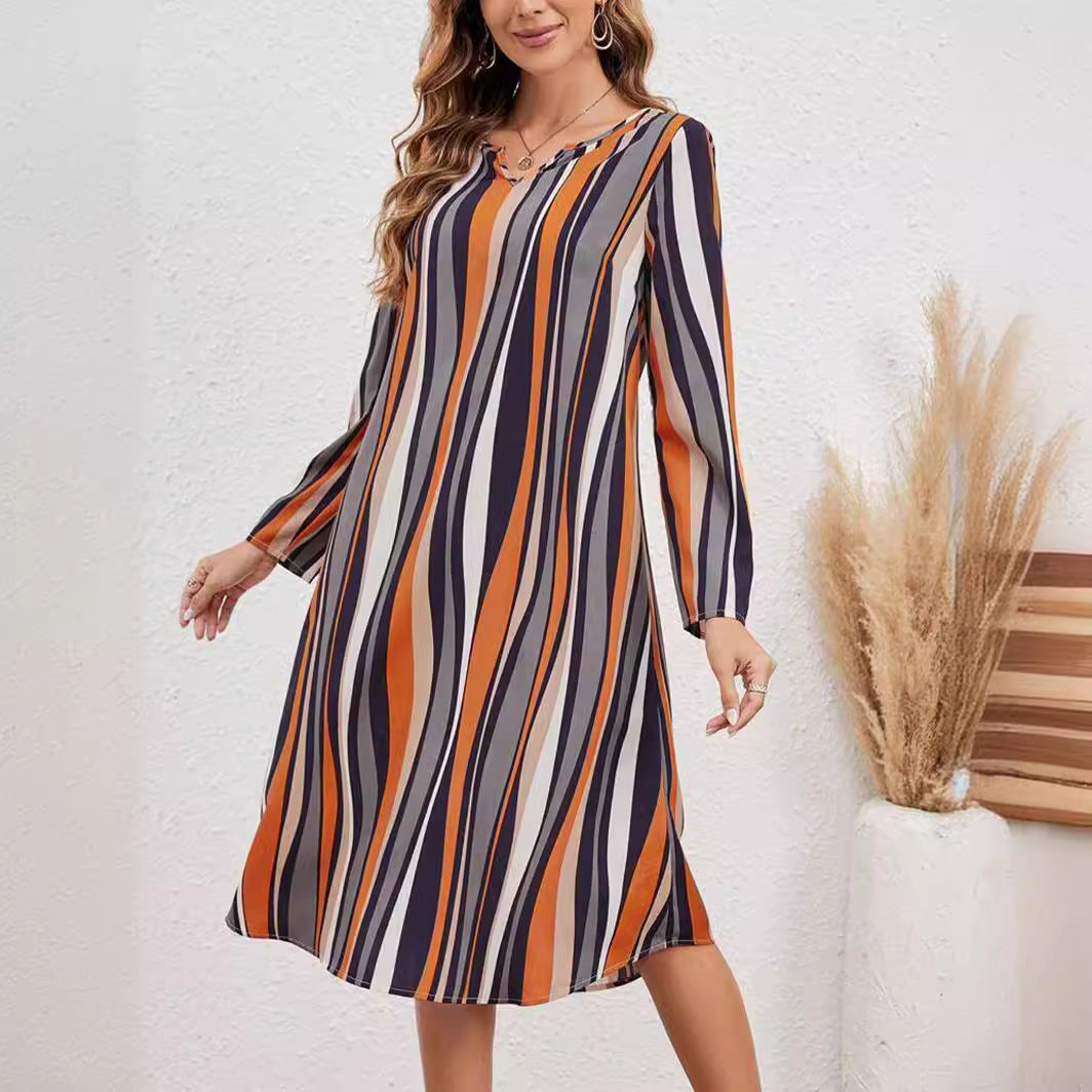 Striped Elegant Style Long Sleeve V-neck Dress