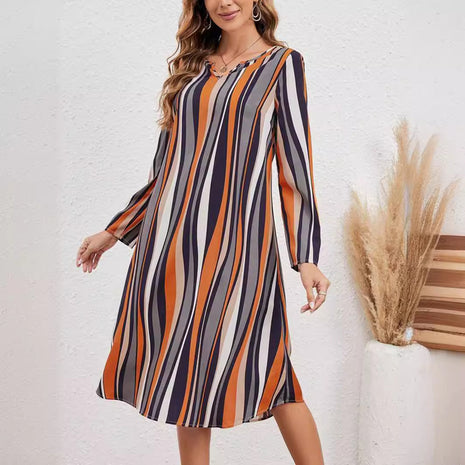 Elegant Striped Style Long Sleeve V-neck Dress