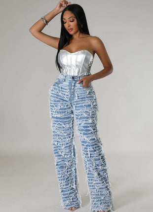 High Waist Edging Ripped Tassel Loose Denim Straight-leg Jeans