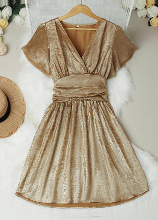 Deep V-neck Ruffle Smocking Dress