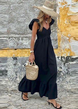 Pleated V-neck Short Sleeve Dress