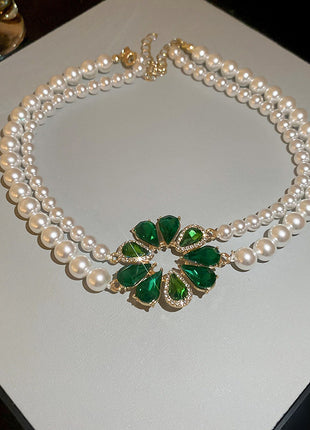 Rhinestone Pearl Flower Necklace & Earrings Combination