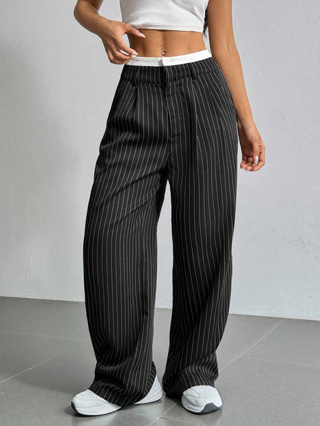 Stripe High Waist Straight Leg Trousers