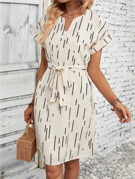 Slotted Neckline Batwing Sleeve Belt Dress