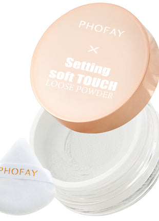 A jar of PHOFAY Setting Soft Touch Loose Powder with a pink lid, alongside a white puff dispenser with the brand name PHOFAY printed on it.