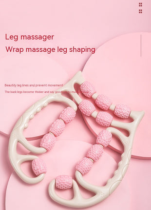 Pink leg massager wrap on a pink background with text describing its use.