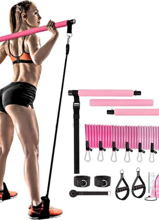Woman using a pink pull-up bar with various fitness equipment on a white background