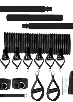 Black resistance band set with various components on a white background