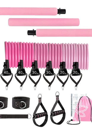 Collection of pink and black fitness equipment including resistance bands and straps on a white background.