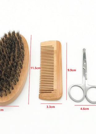 Set of grooming tools including a brush, comb, and scissors with measurements on a white background