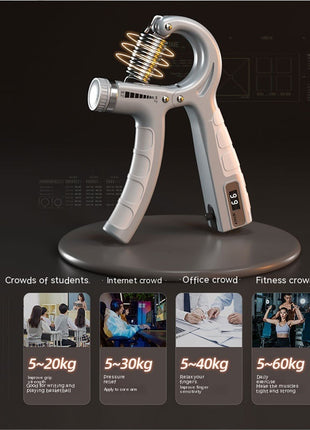 Hand grip strengthener on a dark background with text and images below.