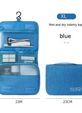 Blue wet and dry toiletry bag with dimensions and product details on a white background