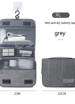 Gray wet and dry toiletry bag with measurements and product details on a white background