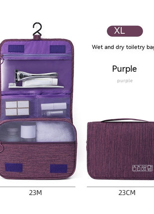Purple wet and dry toiletry bag with measurements on a white background