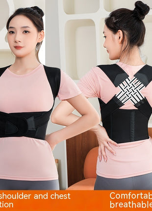 Woman wearing a black posture corrector with text highlighting features.