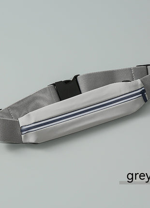 Gray waist bag with black and blue stripes on a light gray background