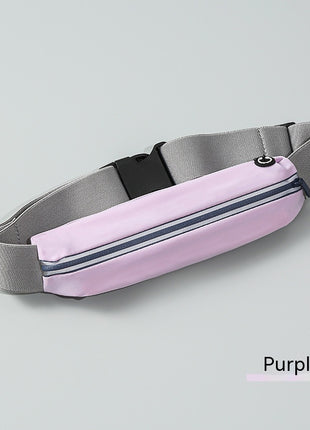 Purple waist bag with gray strap on a light gray background