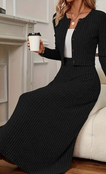 Oriented Fashion Elegant Autumn-Winter New Long-Sleeve Flared Skirt Button-Up Round Neck Cardigan Short Soft Temperament Midi Dress Set