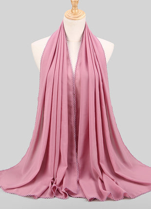 Elegant Women's Monochrome Lace Panel Pearl Chiffon Scarf