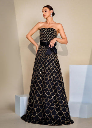 Off-neck Wrapped Chest Nipped-waist Large Swing Sequined Dress