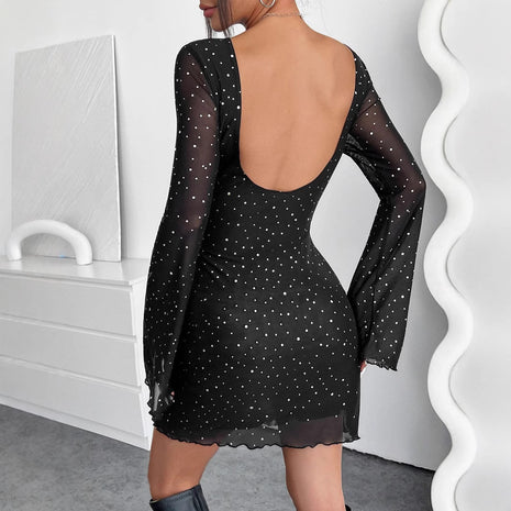 Elegant Black Mesh Sequins Backless Slim Fit Dress