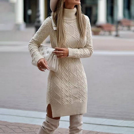Turtleneck Knitted Slit Winter Dress