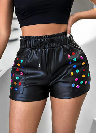 Rhinestone PU Leather Shorts