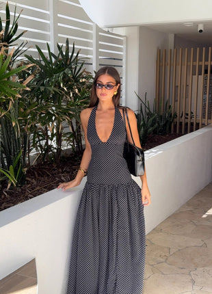 Halter Lace-Up Polka Dot Deep V Retro Slim Dress