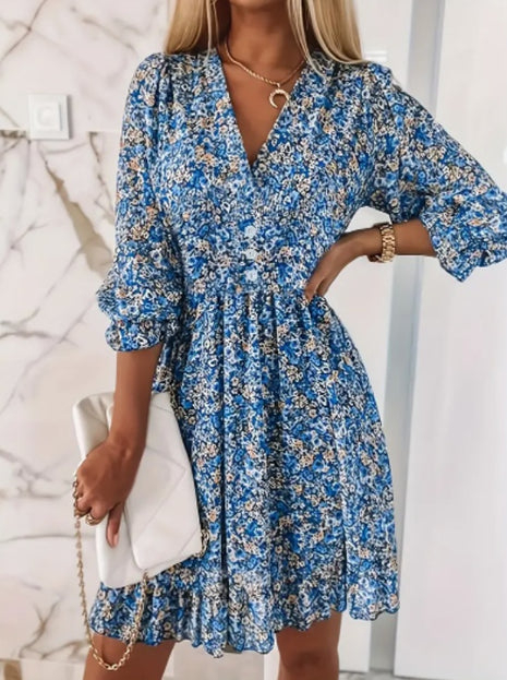 V-Neck Floral Short Sleeve Bubble A-Line Dress