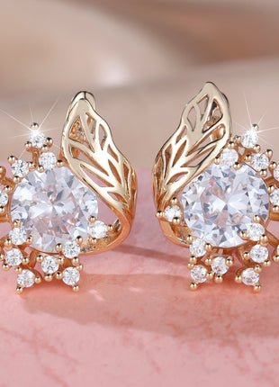 Round Flower Feather Zircon Earrings