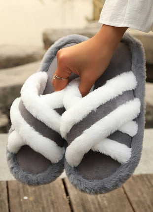Fluffy Cross Strap Stitching Warm Slippers
