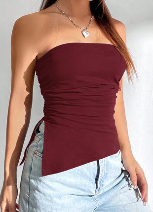 Solid Color Ruched Side Slit Hem Bandeau Cami Top