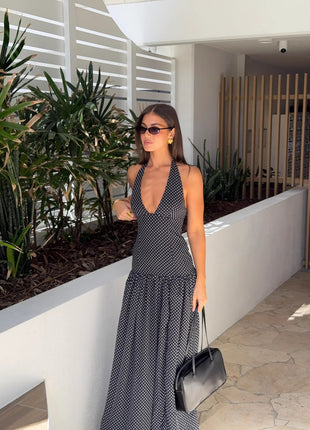 Halter Lace-Up Polka Dot Deep V Retro Slim Dress