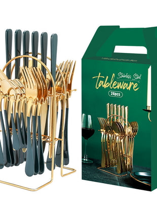 24 PC Dinnerware Set Stainless Steel Tableware Set Knife Fork Spoon Luxury Cutlery Set With Storage Rack