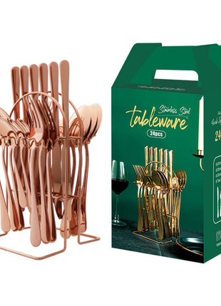 24 PC Dinnerware Set Stainless Steel Tableware Set Knife Fork Spoon Luxury Cutlery Set With Storage Rack