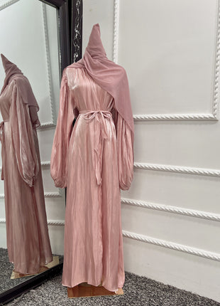 Bubble Sleeve Cardigan Elegant Long Lanyard Abaya with Headscarf