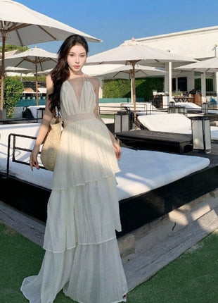 Deep V New Patchwork Slim Fit Spaghetti Straps Tiered-Ruffle Long Dress