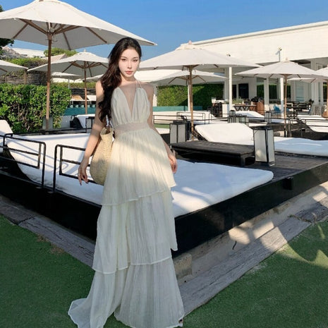 Deep V New Patchwork Slim Fit Spaghetti Straps Tiered-Ruffle Long Dress