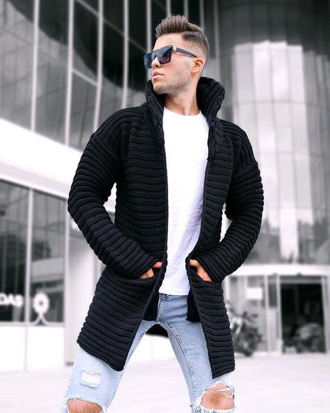 Knitted Cotton Ribbed Jacquard Lapel Cardigan Sweater