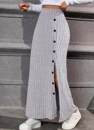 Knitted Dress Sunken Stripe Slit Fastener Decoration Sheath Skirt